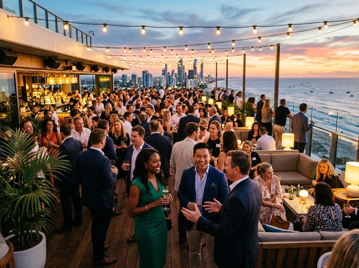 General Partners connecting at a Venture Down Under evening event overlooking the Gold Coast
