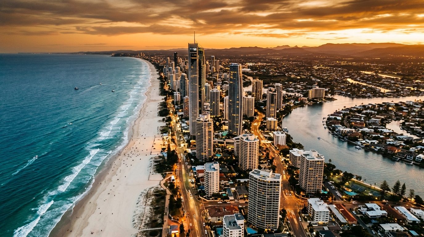 Aerial sunset over the Gold Coast, Australia